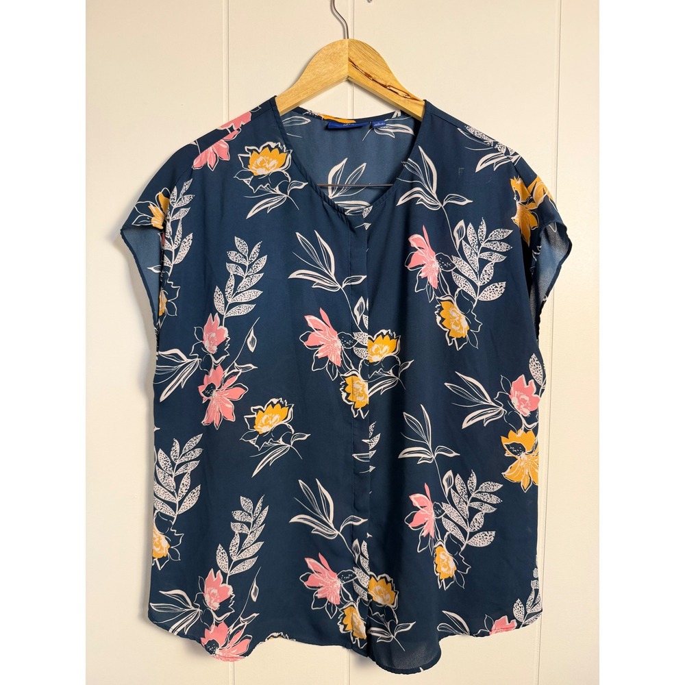 Smart Work Wear Floral Cottagecore Navy Blue Hidden Button V-Neck Cap Sleeve Top